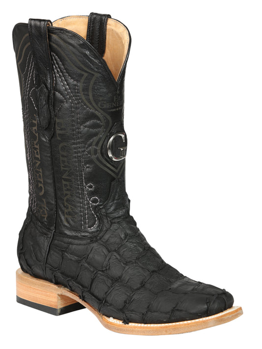 El General Men's Square Toe Exotic Pirarucu Monster Fish Cowboy Boot - Black 45083