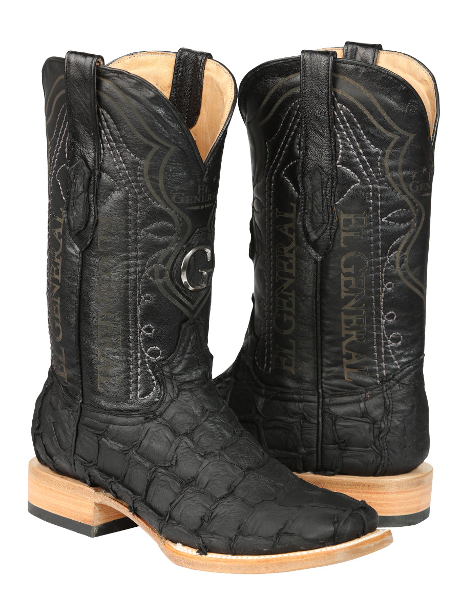 El General Men's Square Toe Exotic Pirarucu Monster Fish Cowboy Boot - Black 45083