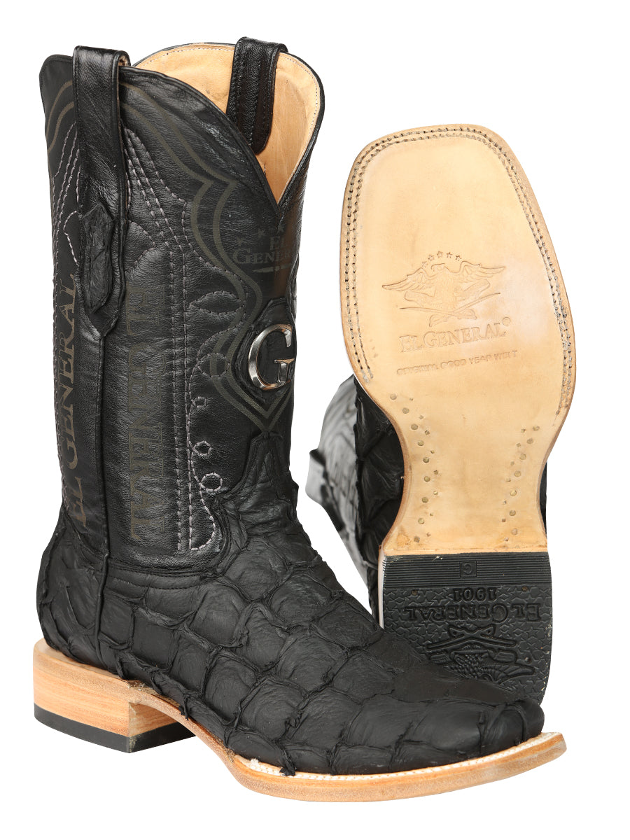 El General Men's Square Toe Exotic Pirarucu Monster Fish Cowboy Boot - Black 45083
