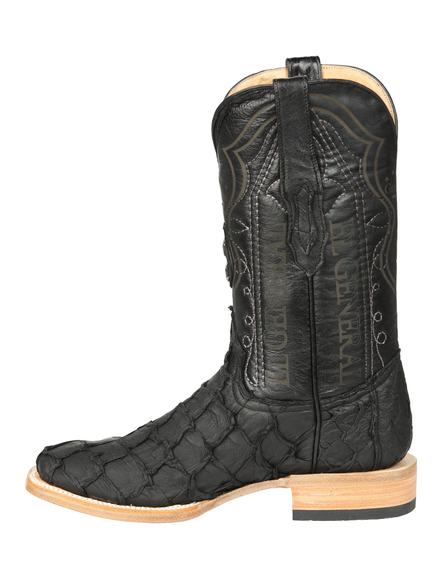 El General Men's Square Toe Exotic Pirarucu Monster Fish Cowboy Boot - Black 45083