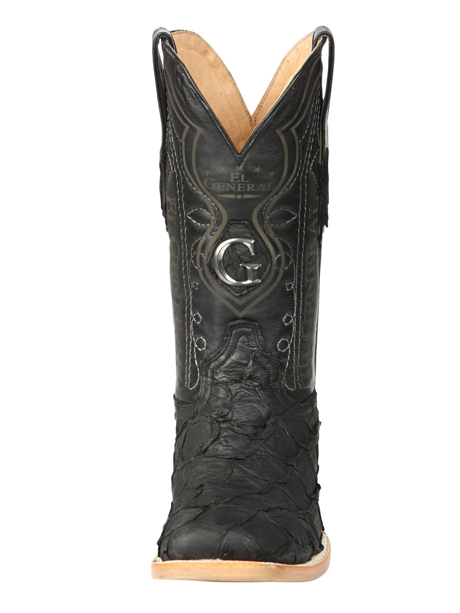 El General Men's Square Toe Exotic Pirarucu Monster Fish Cowboy Boot - Black 45083