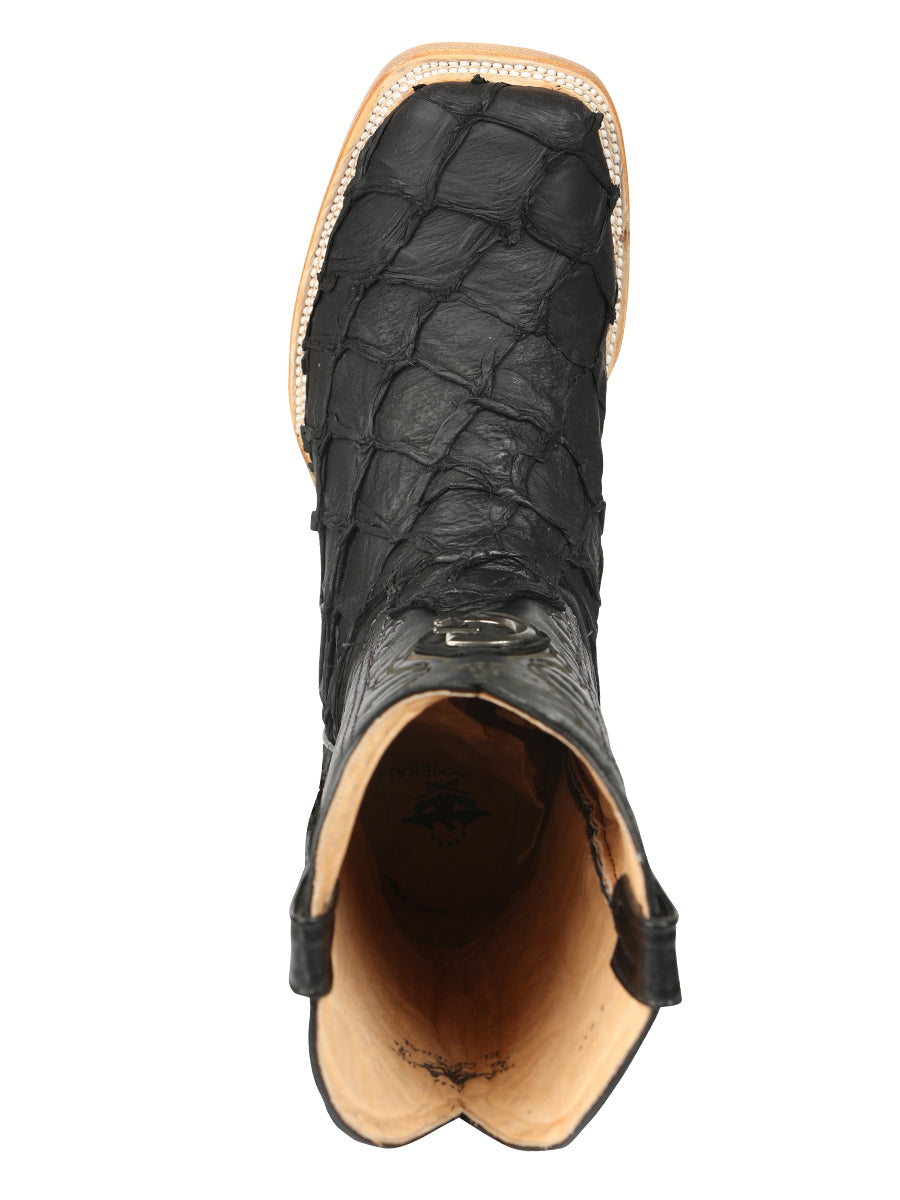 El General Men's Square Toe Exotic Pirarucu Monster Fish Cowboy Boot - Black 45083