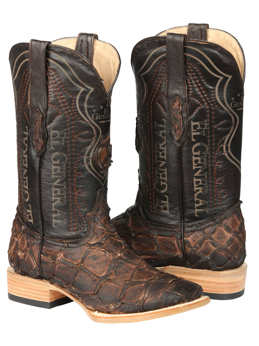 El General Men's Square Toe Exotic Pirarucu Monster Fish Cowboy Boot - Brown 45084