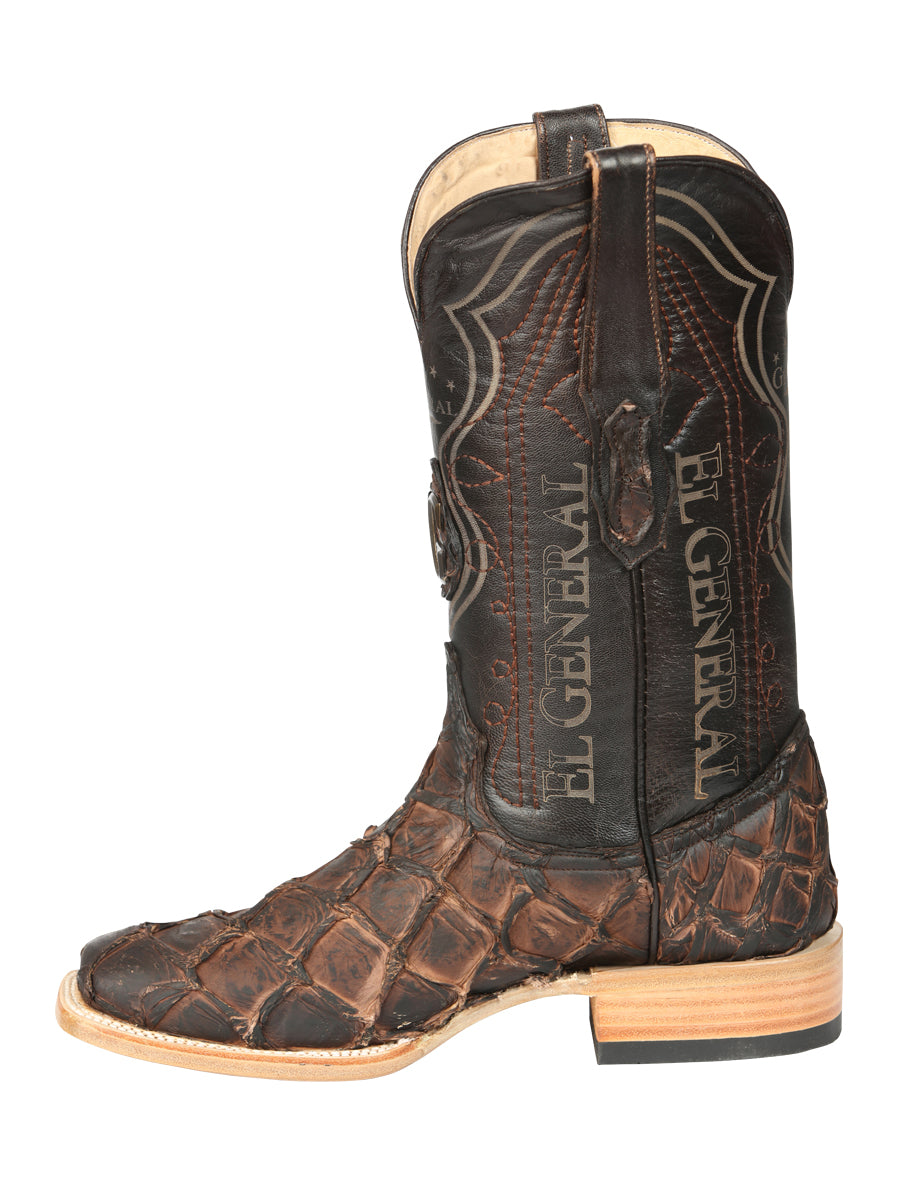 El General Men's Square Toe Exotic Pirarucu Monster Fish Cowboy Boot - Brown 45084