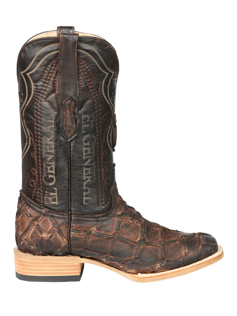 El General Men's Square Toe Exotic Pirarucu Monster Fish Cowboy Boot - Brown 45084