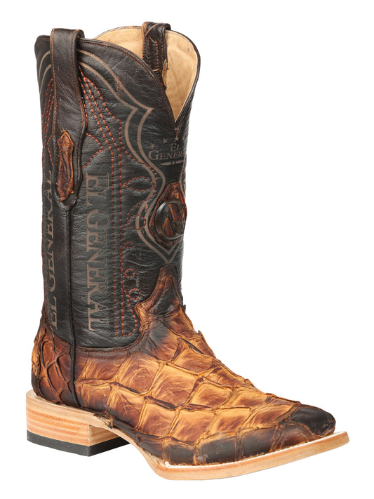 El General Men's Square Toe Exotic Pirarucu Monster Fish Cowboy Boot - Cognac 45085