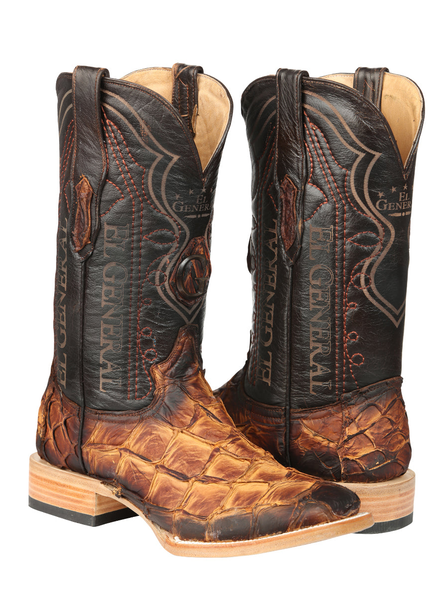 El General Men's Square Toe Exotic Pirarucu Monster Fish Cowboy Boot - Cognac 45085