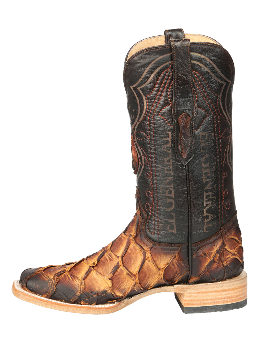 El General Men's Square Toe Exotic Pirarucu Monster Fish Cowboy Boot - Cognac 45085
