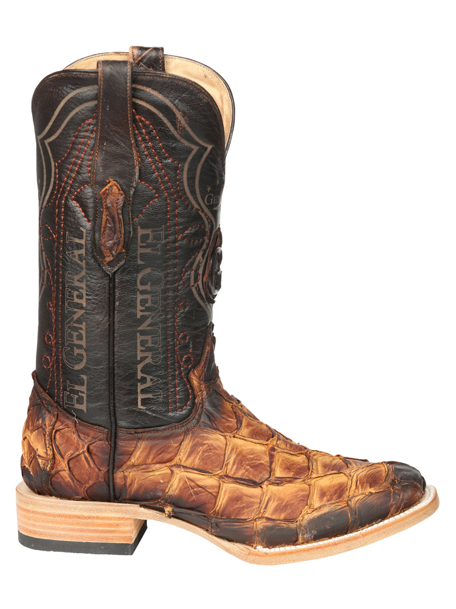 El General Men's Square Toe Exotic Pirarucu Monster Fish Cowboy Boot - Cognac 45085