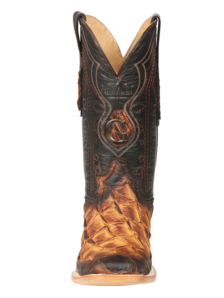 El General Men's Square Toe Exotic Pirarucu Monster Fish Cowboy Boot - Cognac 45085