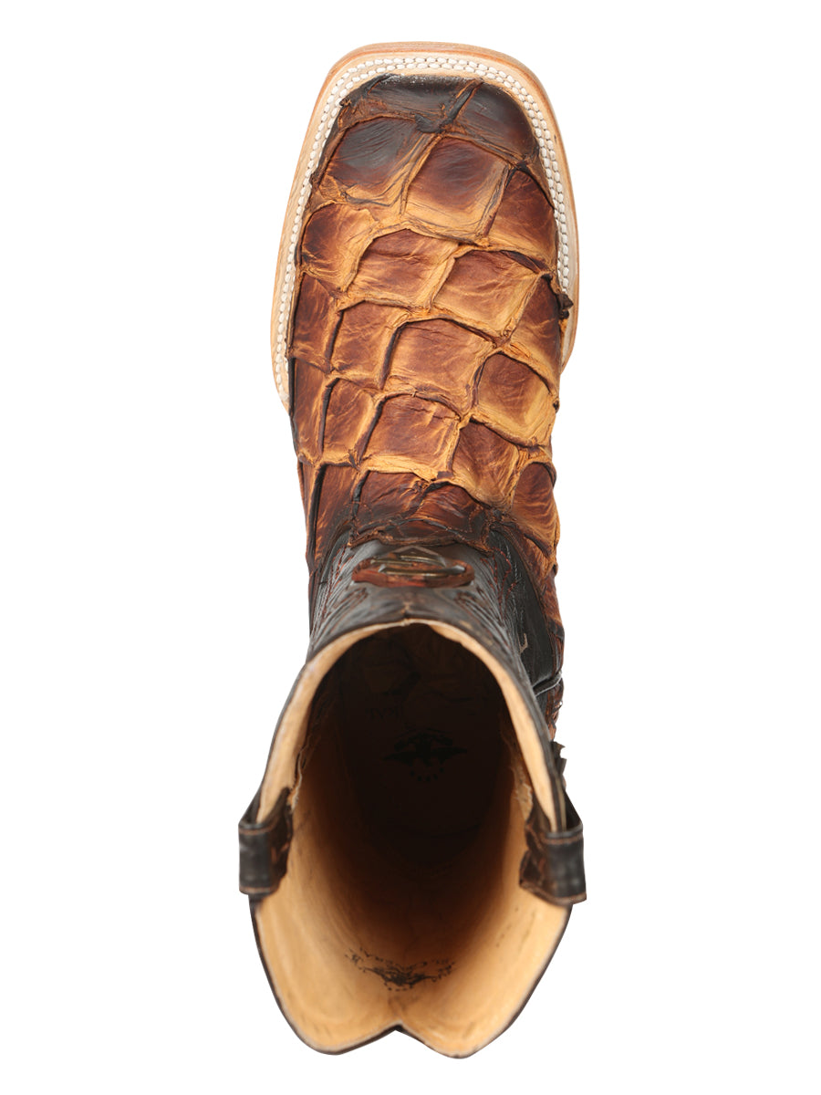 El General Men's Square Toe Exotic Pirarucu Monster Fish Cowboy Boot - Cognac 45085