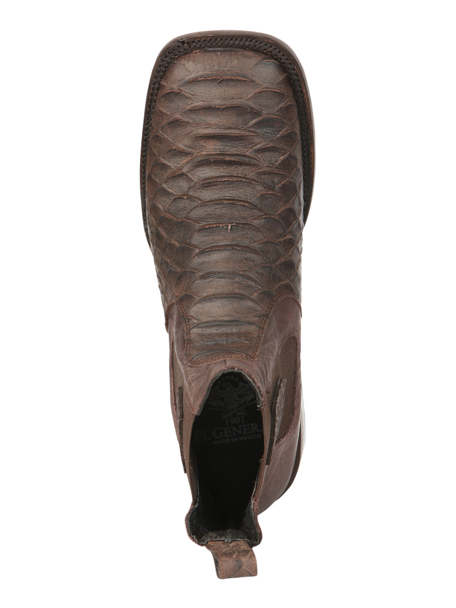 El General Men’s Square Toe Python Print Leather Ankle Boots - Brown 45092