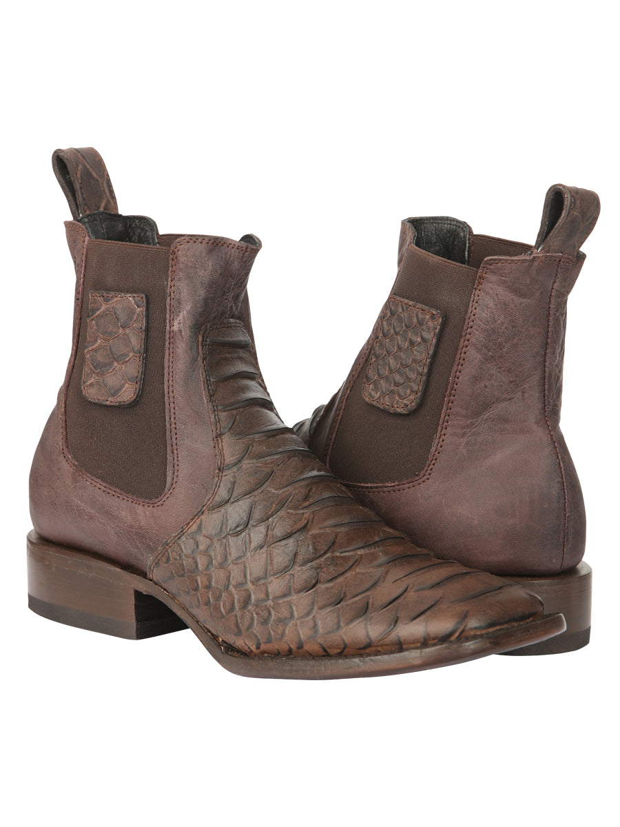 El General Men’s Square Toe Python Print Leather Ankle Boots - Brown 45092