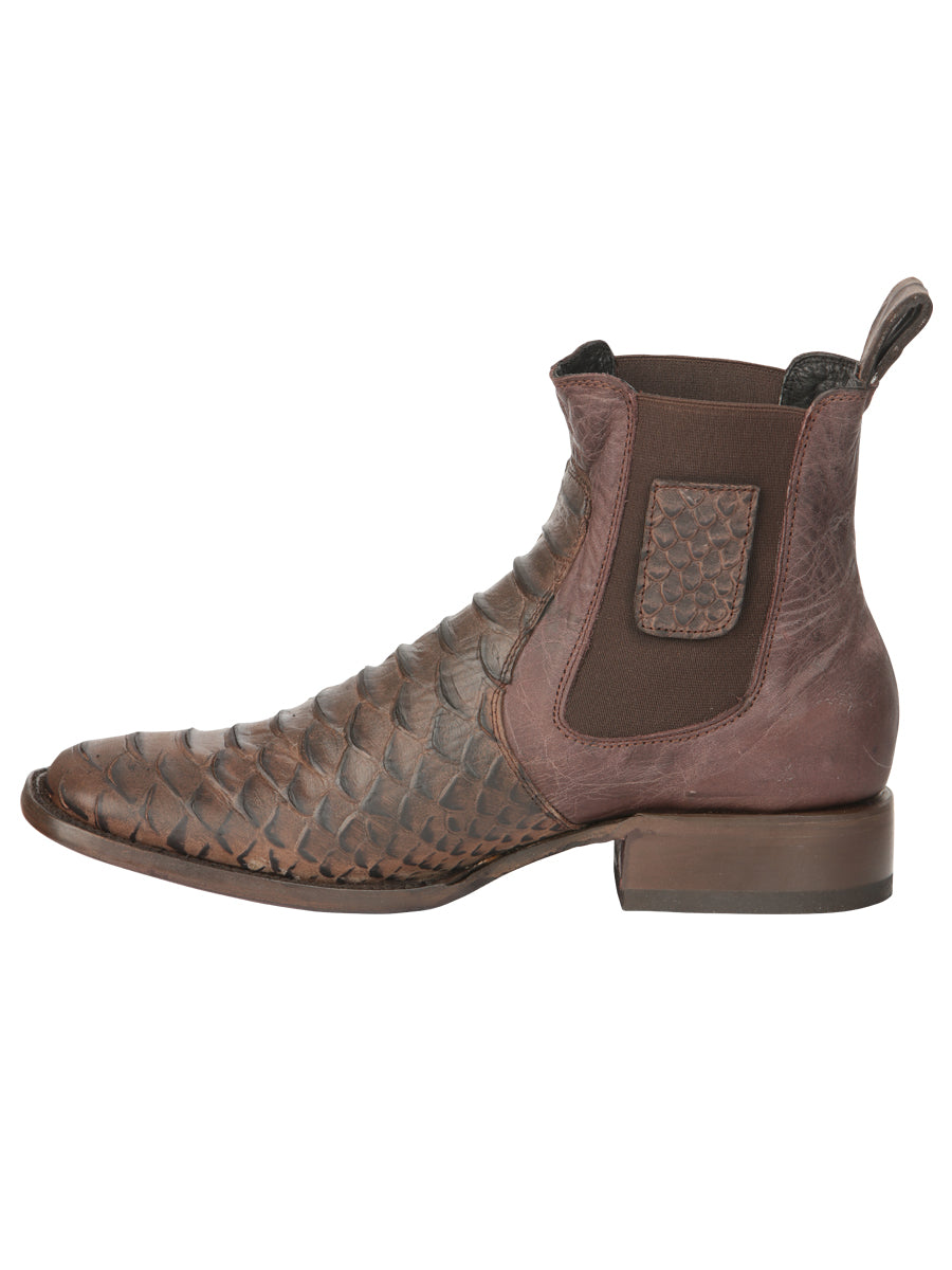 El General Men’s Square Toe Python Print Leather Ankle Boots - Brown 45092