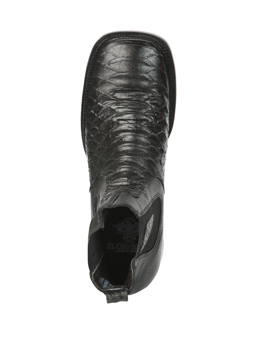 El General Men’s Square Toe Python Print Leather Ankle Boots - Black 45093