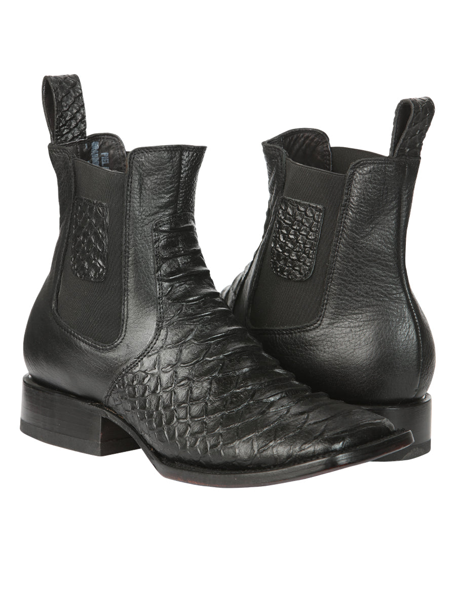 El General Men’s Square Toe Python Print Leather Ankle Boots - Black 45093