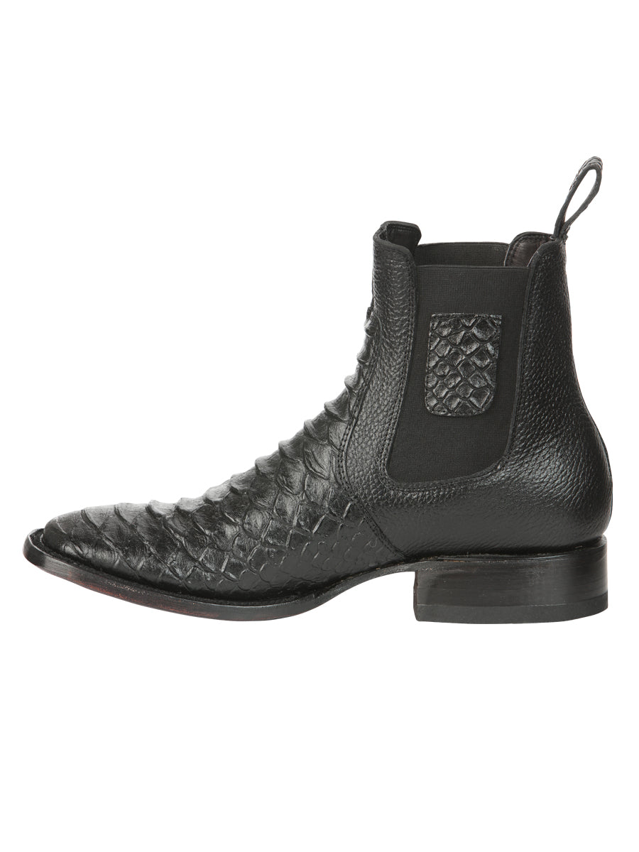 El General Men’s Square Toe Python Print Leather Ankle Boots - Black 45093