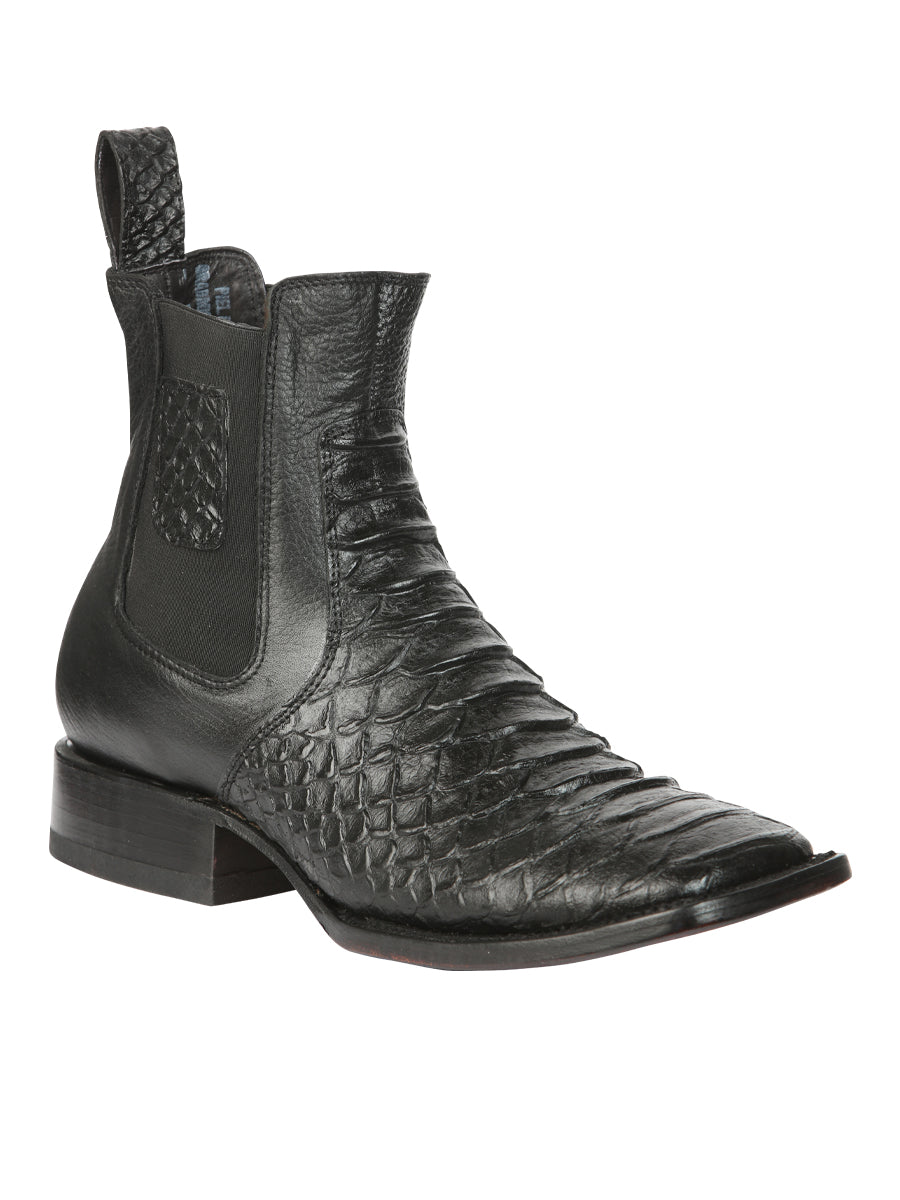 El General Men’s Square Toe Python Print Leather Ankle Boots - Black 45093