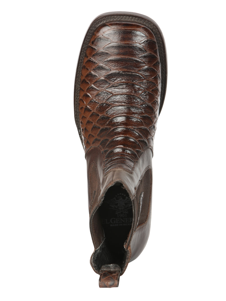El General Men’s Square Toe Python Print Leather Ankle Boots - Brown 45094