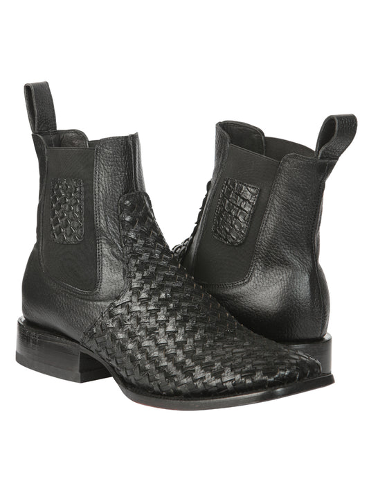 El General Men’s Wide Square Toe Black Petatillo Woven Ankle Boots 45181