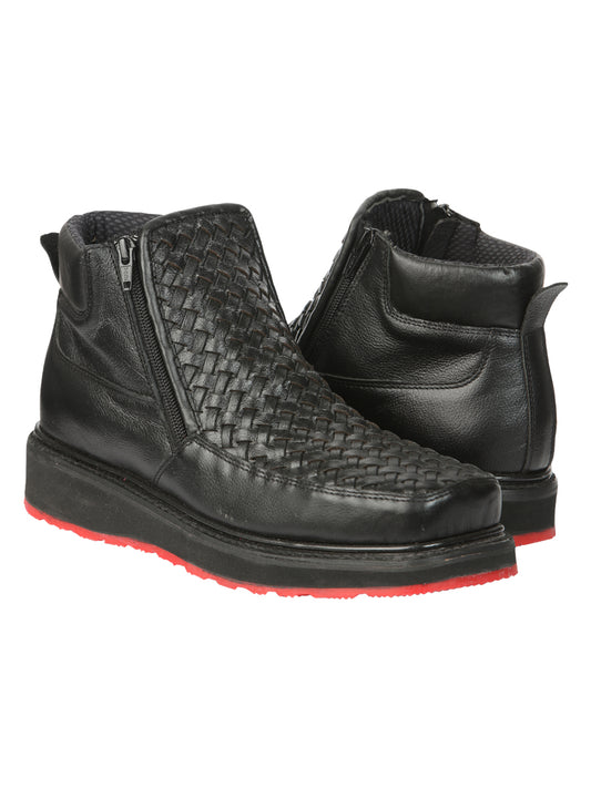 El General Men’s Black Woven Ankle Boots with Zipper 45183