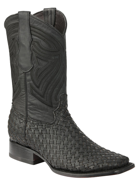 El General Men's Leather Square Toe Cowboy Boots - Petatillo/Woven Pattern - Black 45400