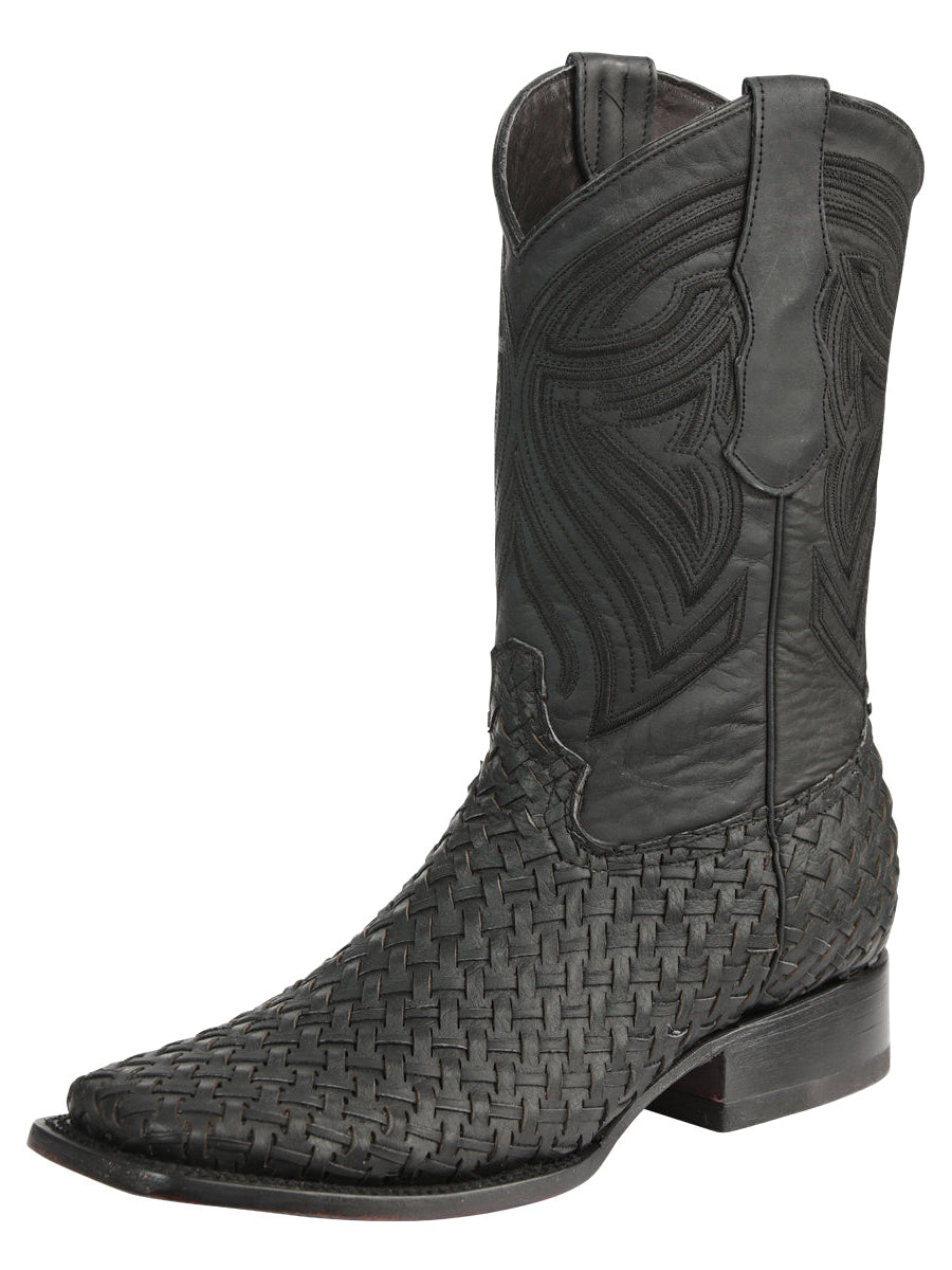 El General Men's Leather Square Toe Cowboy Boots - Petatillo/Woven Pattern - Black 45400