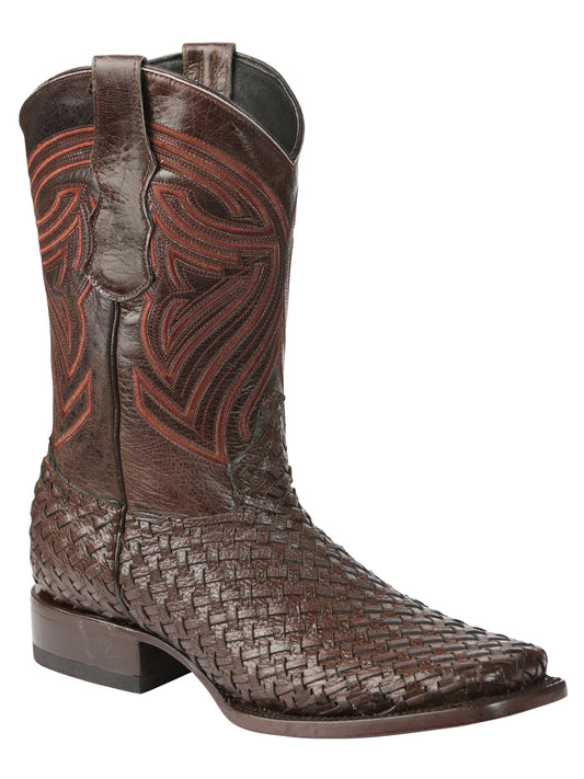El General Men's Leather Square Toe Cowboy Boots - Petatillo/Woven Pattern - Brown 45401