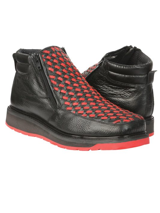 El General Men’s Ankle Boots with Zipper - Black/Red Petatillo Leather 45402
