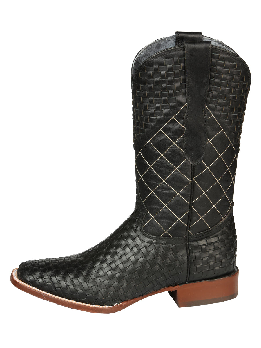 El General Men's Leather Square Toe Cowboy Boots - Petatillo/Woven Pattern - Black 45438