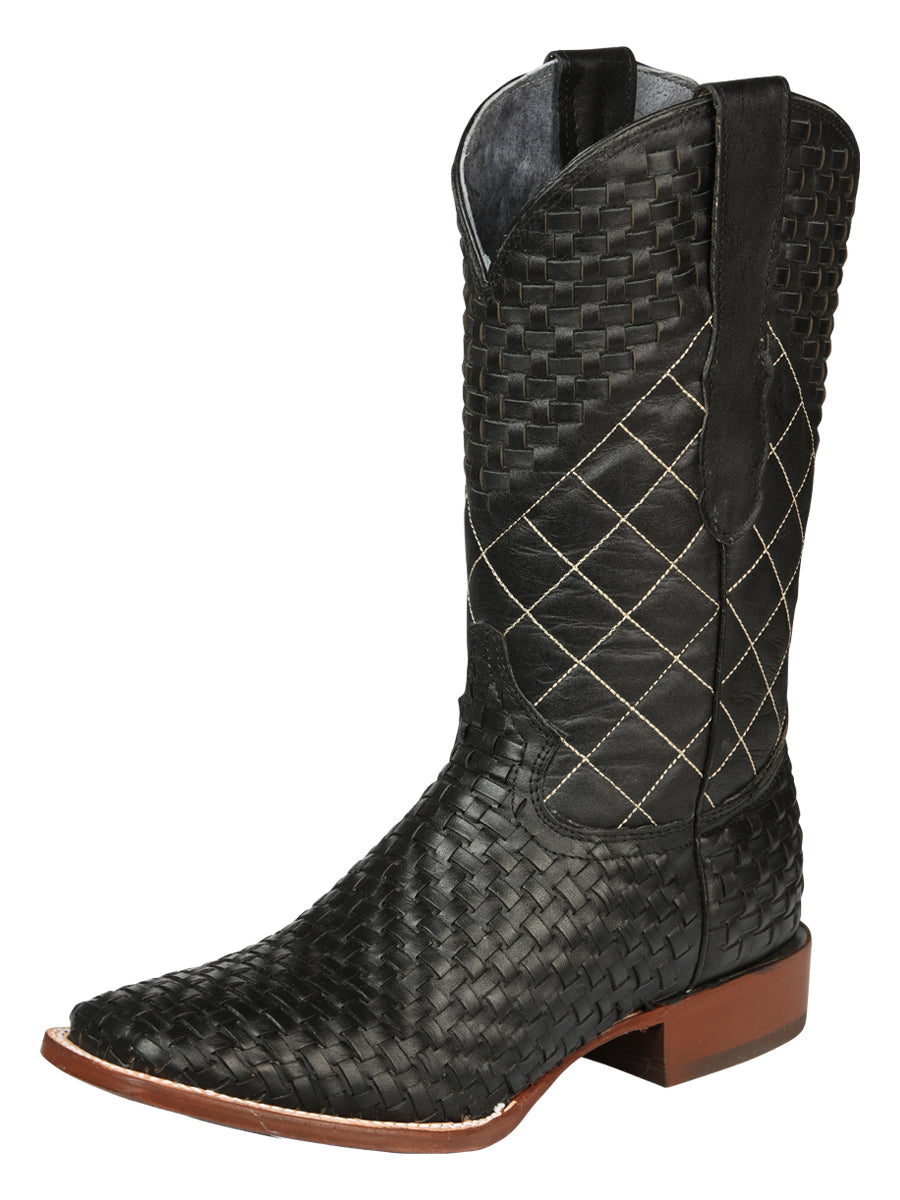 El General Men's Leather Square Toe Cowboy Boots - Petatillo/Woven Pattern - Black 45438