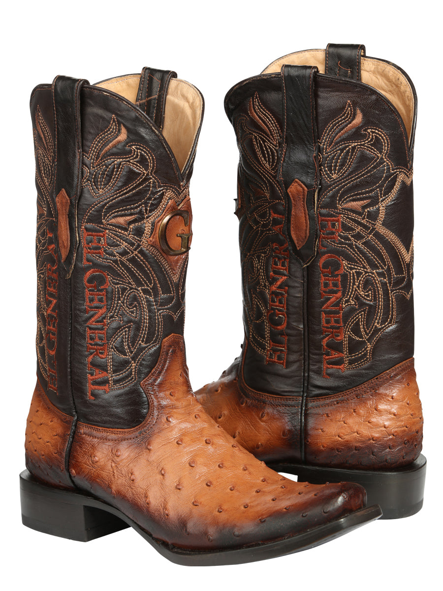 El General Men's Exotic Ostrich Cowboy Boots - Cognac 45517