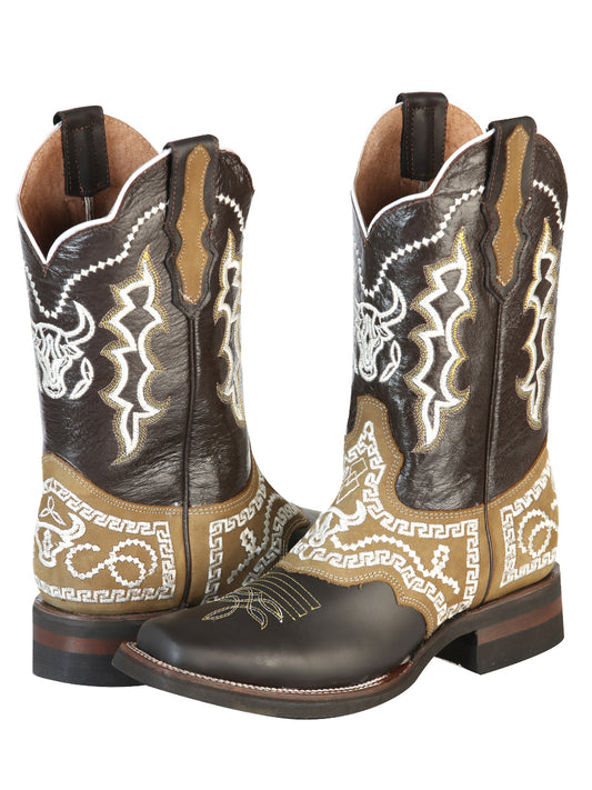El General Men's Narrow Square Toe Cowboy Rodeo Boot - Crazy Brown with Embroidery - 51110