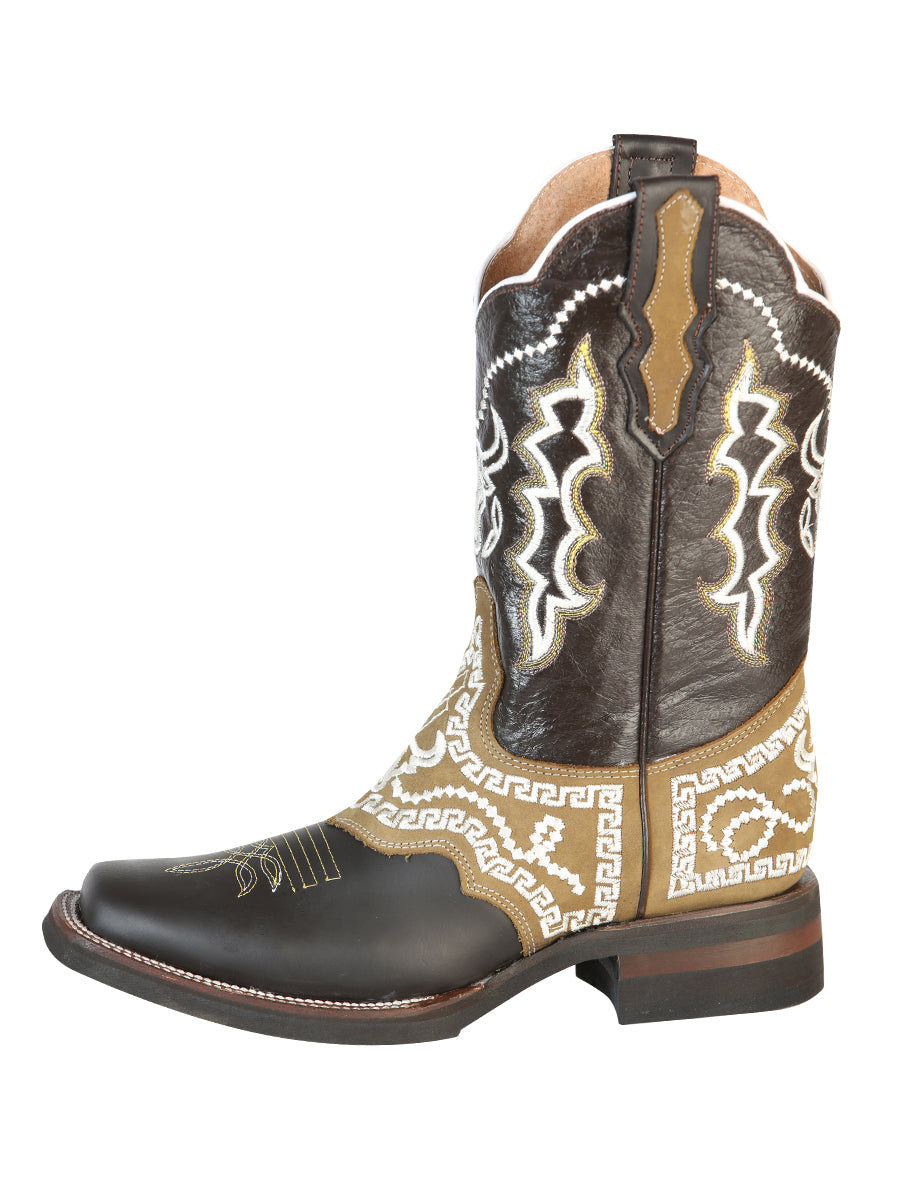 El General Men's Narrow Square Toe Cowboy Rodeo Boot - Crazy Brown with Embroidery - 51110