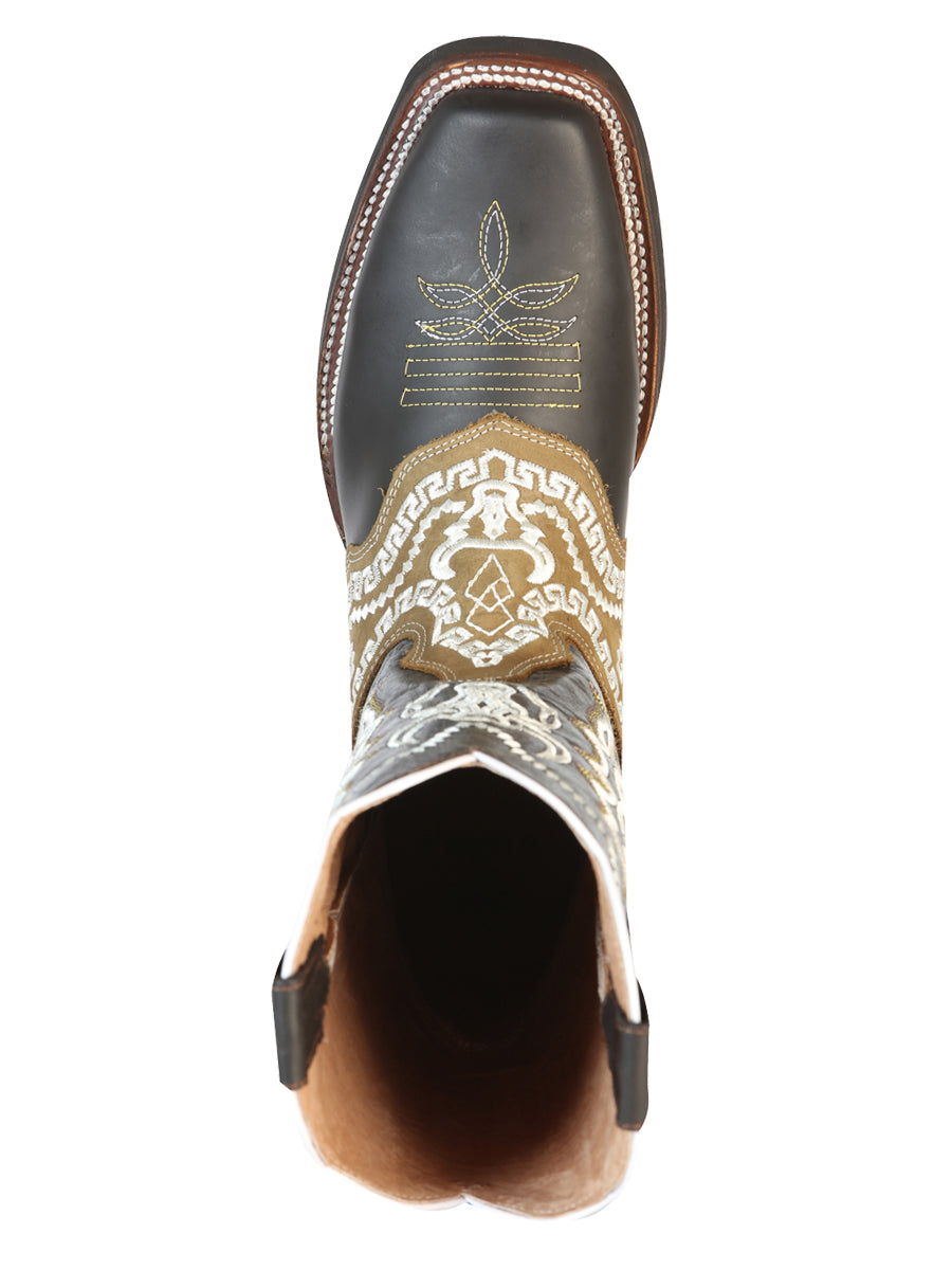 El General Men's Narrow Square Toe Cowboy Rodeo Boot - Crazy Brown with Embroidery - 51110