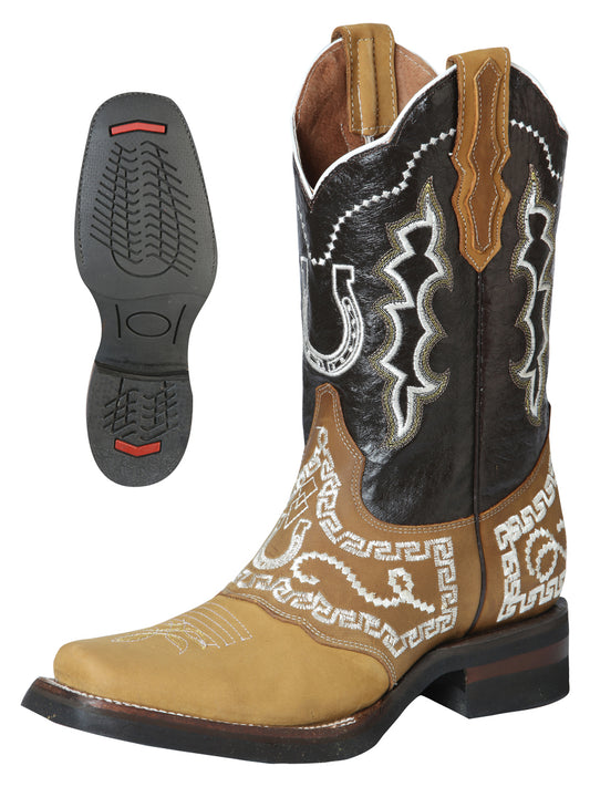El General Men's Narrow Square Toe Cowboy Rodeo Boot - Nubuck Honey with Embroidery 51111