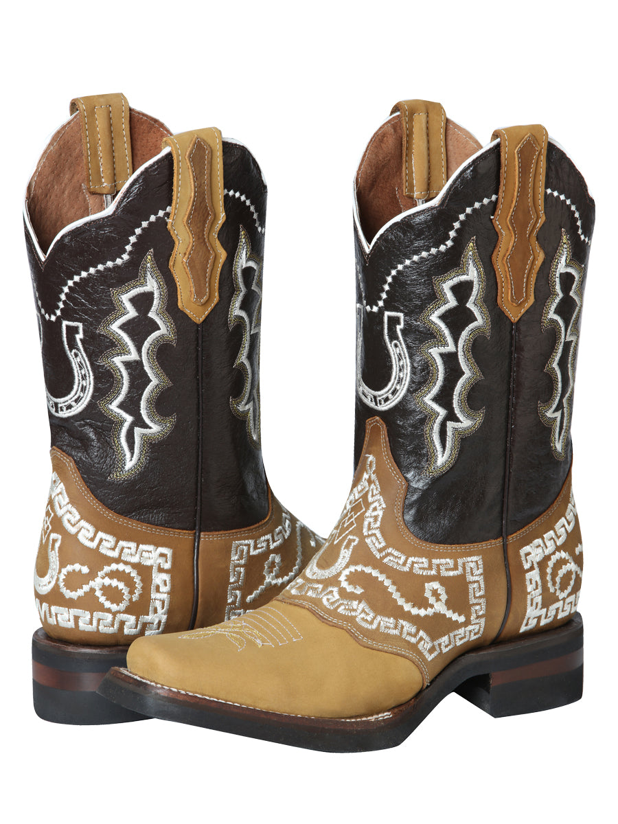 El General Men's Narrow Square Toe Cowboy Rodeo Boot - Nubuck Honey with Embroidery 51111