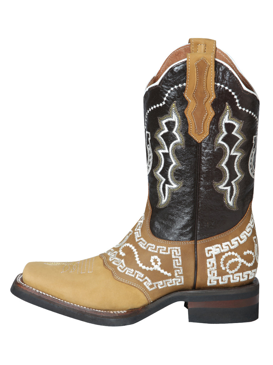 El General Men's Narrow Square Toe Cowboy Rodeo Boot - Nubuck Honey with Embroidery 51111