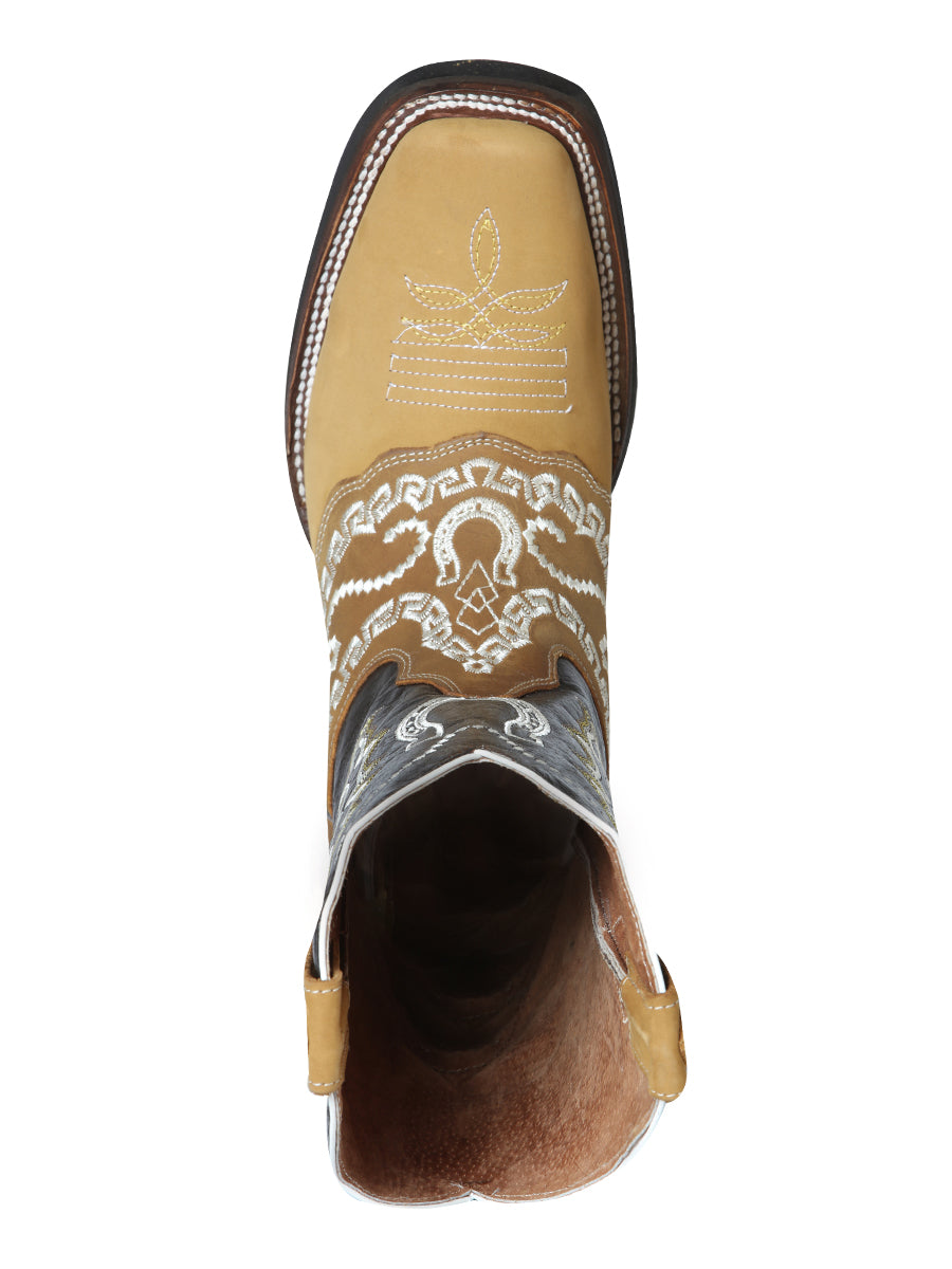 El General Men's Narrow Square Toe Cowboy Rodeo Boot - Nubuck Honey with Embroidery 51111