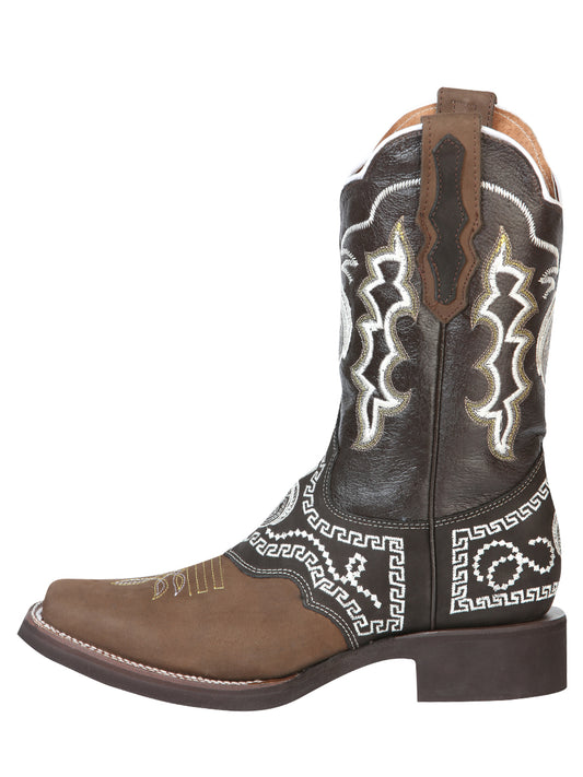 El General Men's Narrow Square Toe Cowboy Rodeo Boot - Nubuck Dark Brown with Embroidery 51117