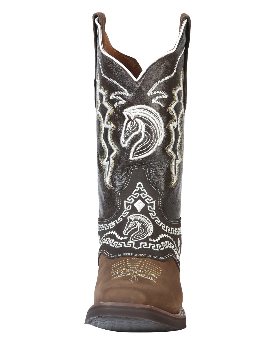 El General Men's Narrow Square Toe Cowboy Rodeo Boot - Nubuck Dark Brown with Embroidery 51117