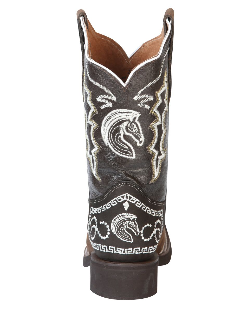 El General Men's Narrow Square Toe Cowboy Rodeo Boot - Nubuck Dark Brown with Embroidery 51117