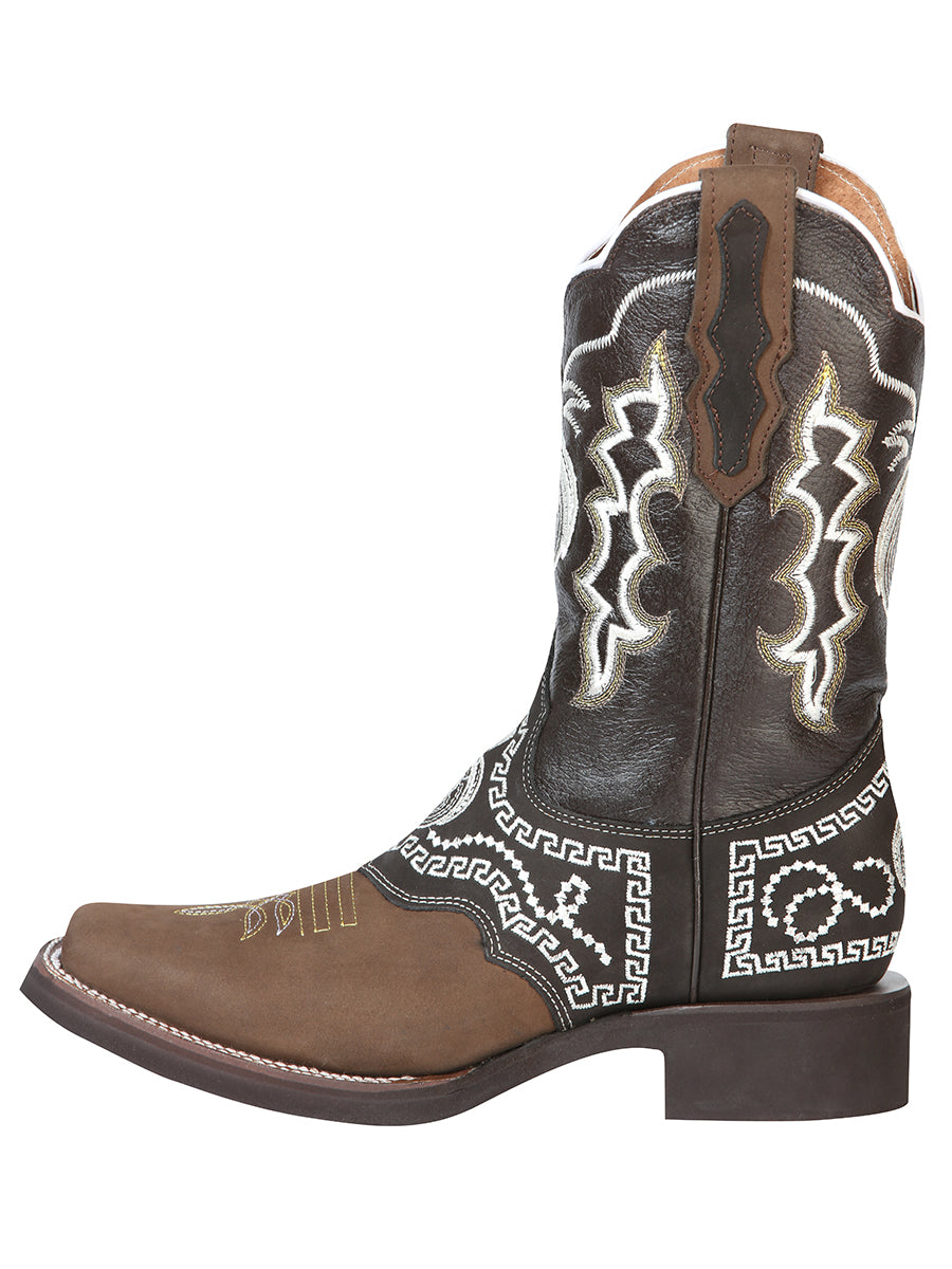 El General Men's Narrow Square Toe Cowboy Rodeo Boot - Nubuck Dark Brown with Embroidery 51117
