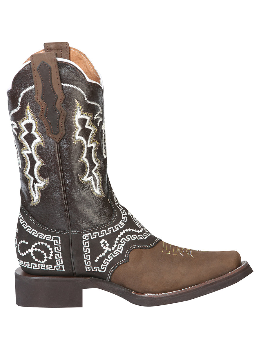 El General Men's Narrow Square Toe Cowboy Rodeo Boot - Nubuck Dark Brown with Embroidery 51117