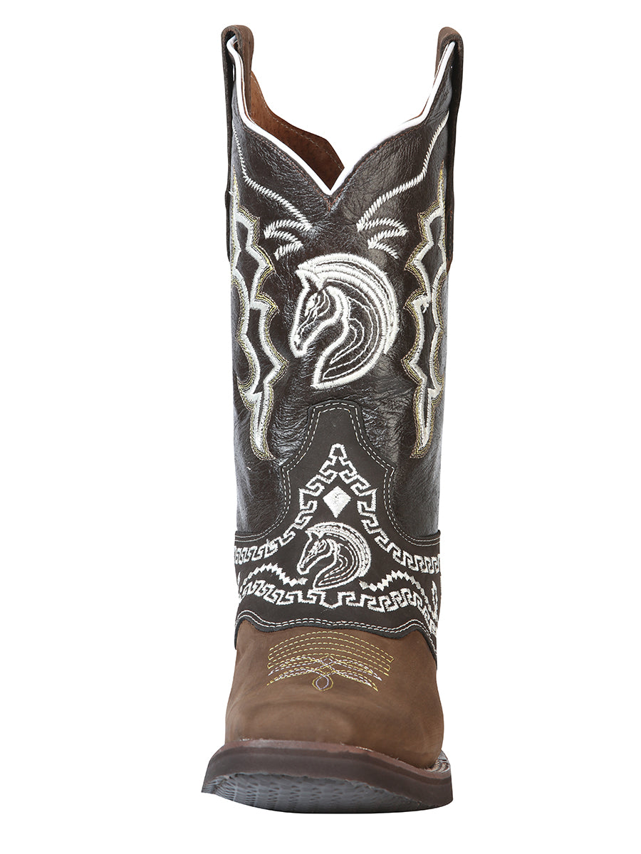 El General Men's Narrow Square Toe Cowboy Rodeo Boot - Nubuck Dark Brown with Embroidery 51117