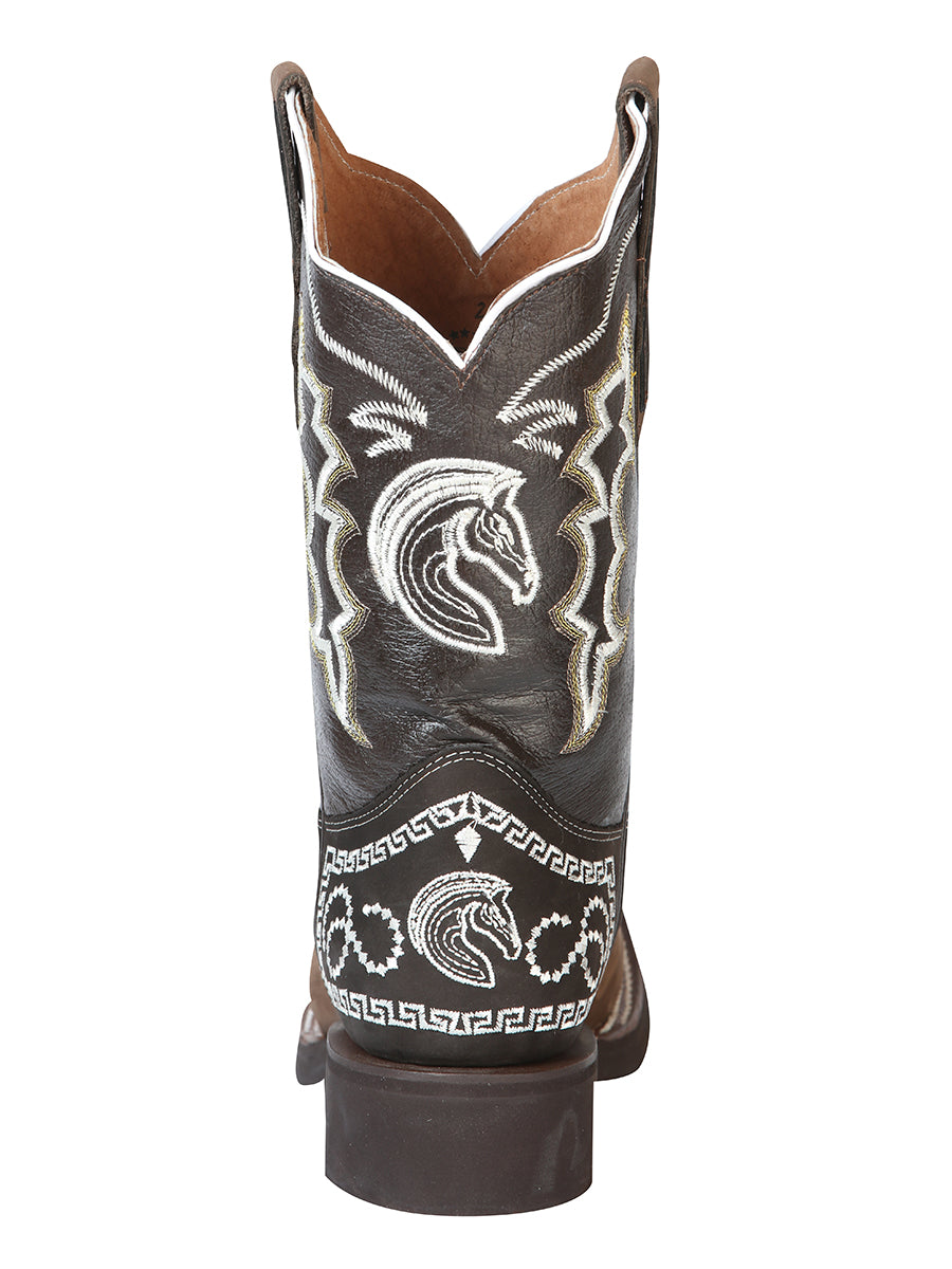 El General Men's Narrow Square Toe Cowboy Rodeo Boot - Nubuck Dark Brown with Embroidery 51117