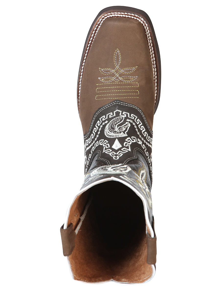 El General Men's Narrow Square Toe Cowboy Rodeo Boot - Nubuck Dark Brown with Embroidery 51117