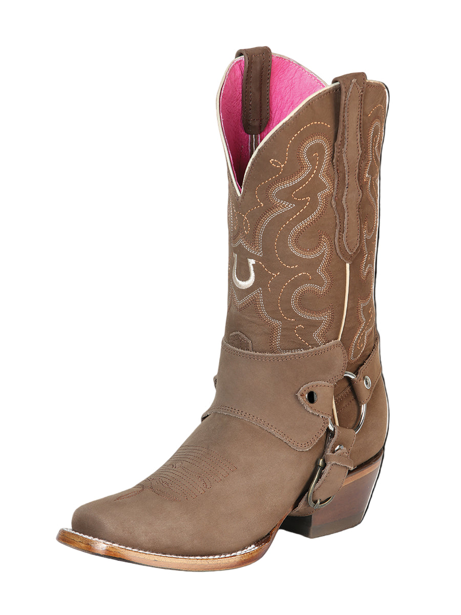 Brown cowboy boot with pink interior with strap and Horseshoe Design