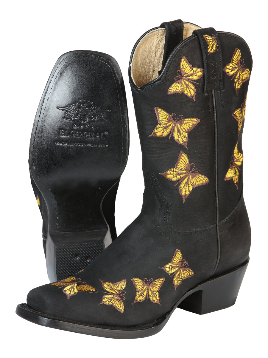 El General Women's Square Toe Cowboy Rodeo Boot - Nubuck Black 51220