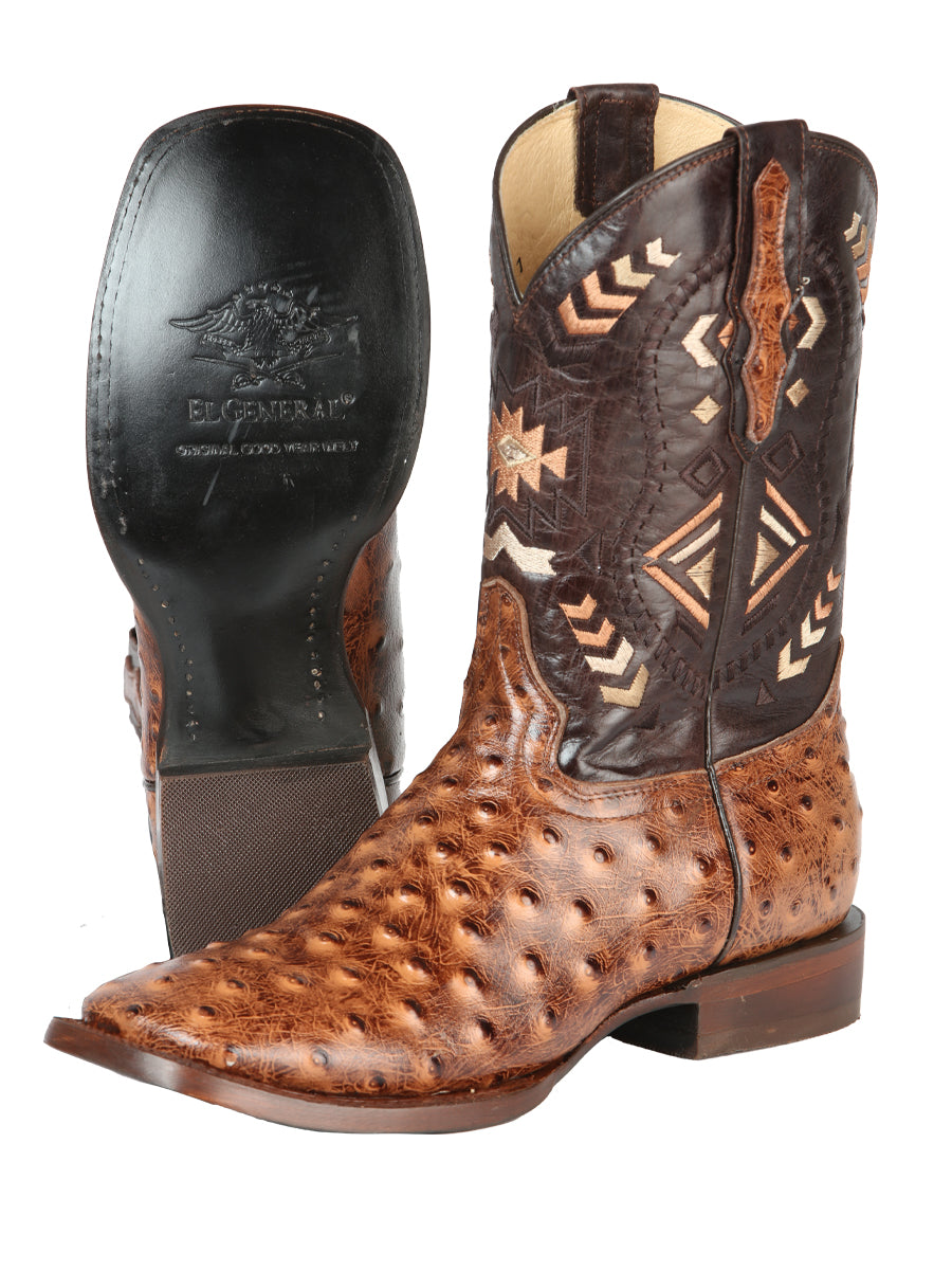 El General Men's Cowboy Rodeo Boot - 100% Leather - Printed Ostrich Shedron Brown 51239